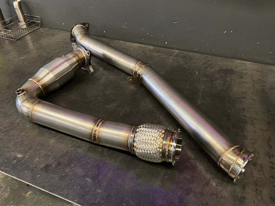 High-flow catted J-pipe exhaust downpipe for 2015+ Subaru WRX, designed and built by DarkLight Fabrication